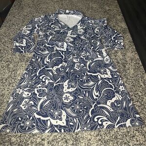 Talbots effortless jersey faux wrap midi dress.blue white floral stretch size XL